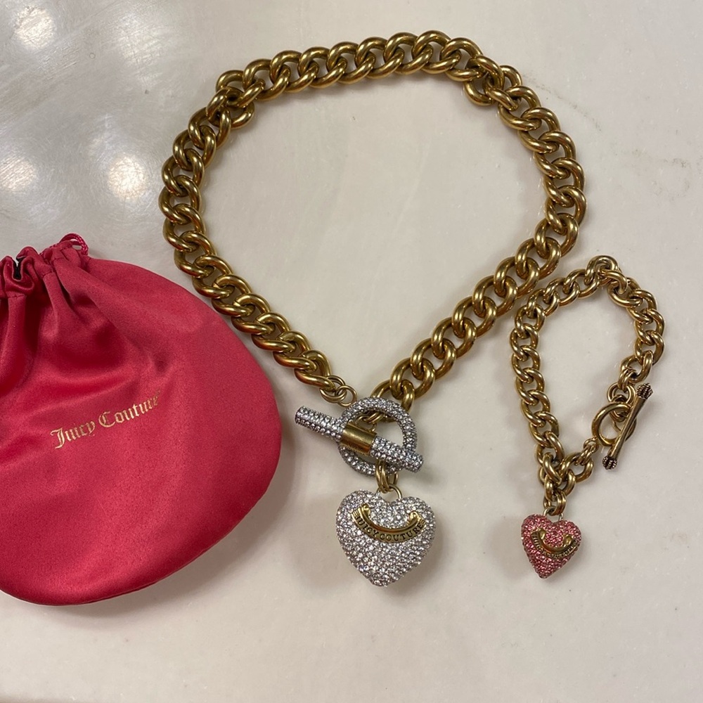 Juicy Couture huge crystal heart necklace and bracelet rare!